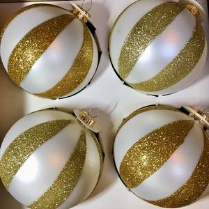 4 Satin White Gold Glitter Polish Glass Ornaments